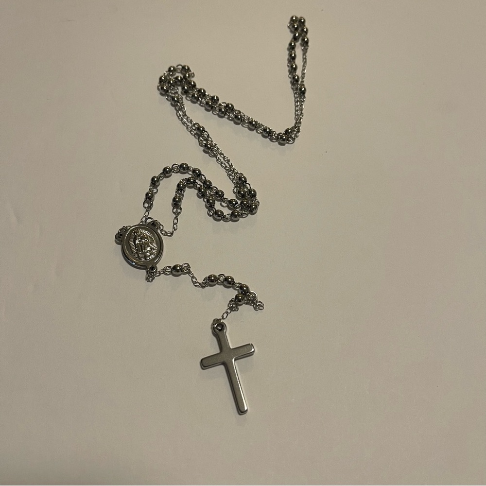 Rosary Stainless Steel Beads Chain Pendant Necklace NWT - Picture 7 of 11